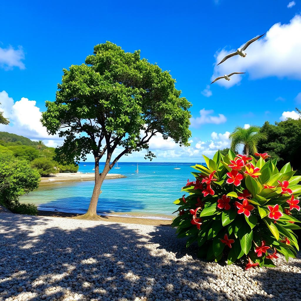 A serene view of Screwpine Harbour with gentle waves lapping against the pebble-strewn shore