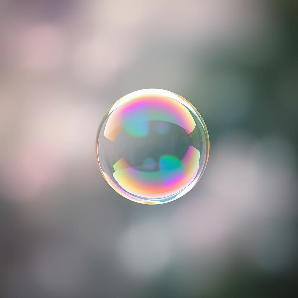 A vibrant, illuminated bubble floating in mid-air, reflecting a spectrum of colors and surrounded by a soft, glowing aura
