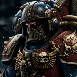 An ultra-high definition, cinematic quality close-up of a Warhammer 40K space marine soldier. His armor is detailed and worn, reflecting countless battles, and his gaze is intense, ready for the next challenge.