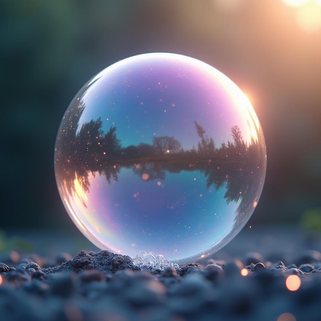 An illuminated shimmering bubble floating gracefully in a serene environment, with soft reflections and prismatic colors reflecting light brilliantly