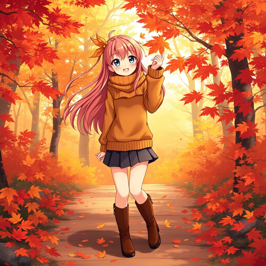 A beautiful autumn-themed anime girl standing amidst a colorful fall forest
