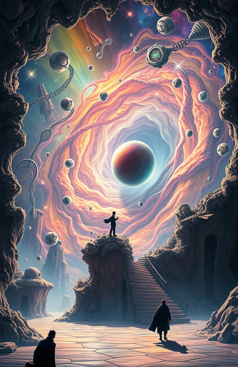 A surreal artistic interpretation of the origin of life, showcasing a vibrant depiction of the first living cell, Luca, emerging from a swirling genetic code in a nebula-like setting