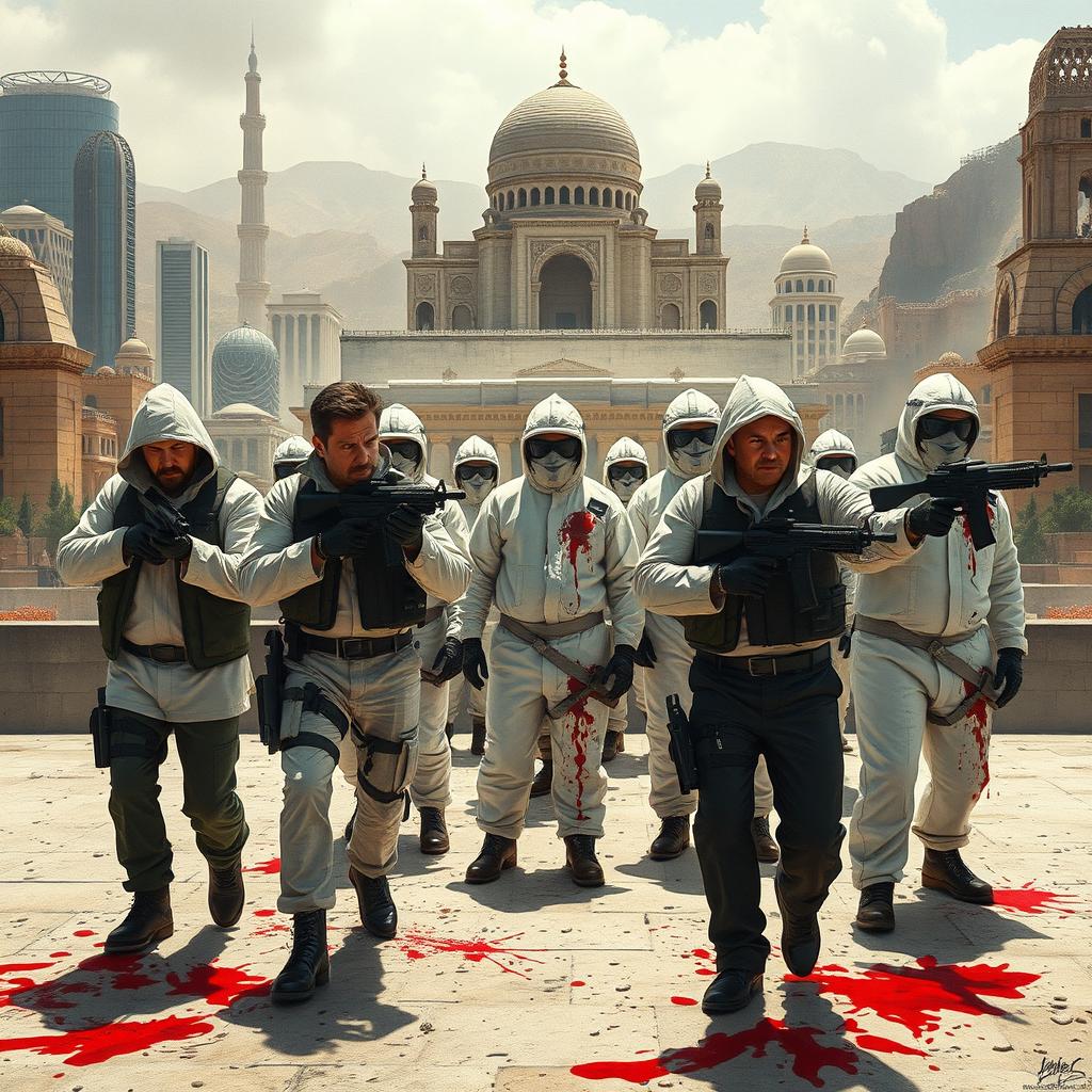 A gripping and dramatic scene depicting Mossad agents in tactical gear stealthily approaching a group of nuclear scientists