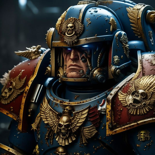 An ultra-high definition, cinematic quality close-up of a Warhammer 40K space marine soldier. His armor is detailed and worn, reflecting countless battles, and his gaze is intense, ready for the next challenge.