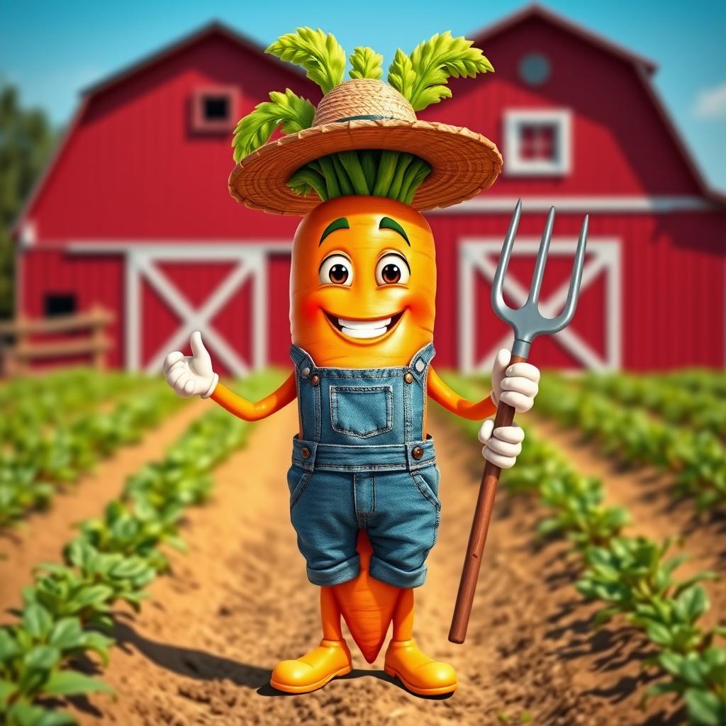 A realistic carrot anthropomorphized with two hands and two legs, depicted as a farmer