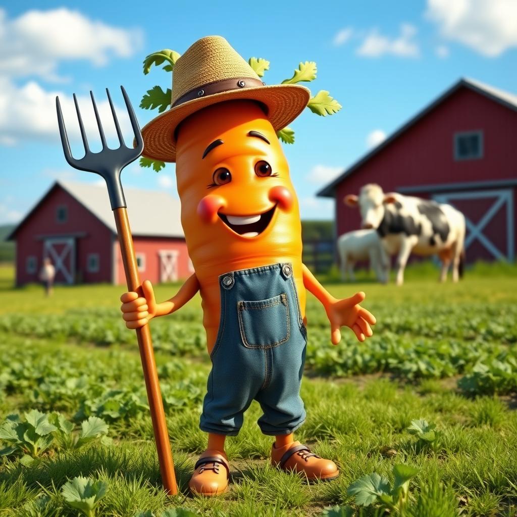 A realistic carrot anthropomorphized with hands and legs, dressed as a farmer