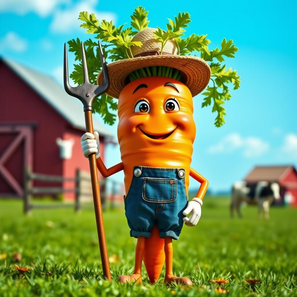 A very realistic carrot anthropomorphized with hands and legs, depicted as a farmer