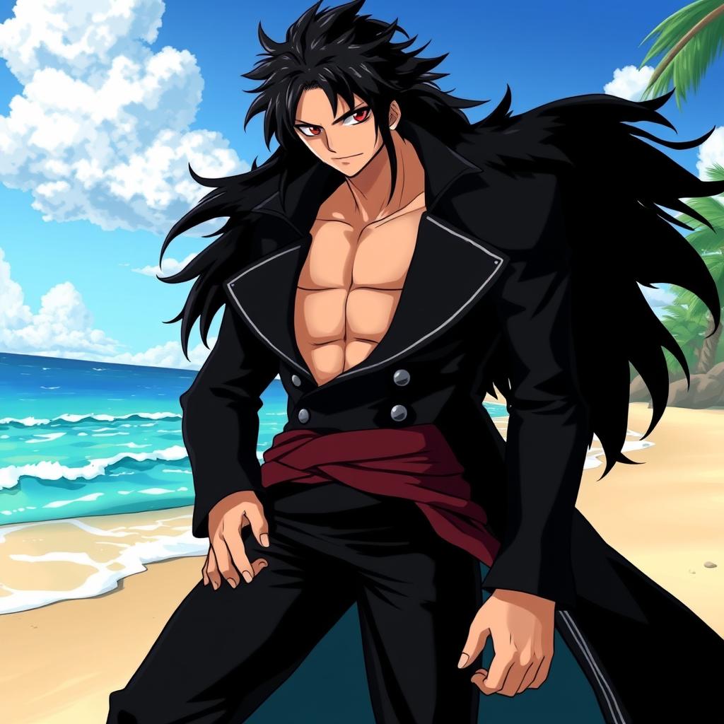 A tall adult male character in the One Piece anime art style, featuring shaggy black hair and striking crimson eyes