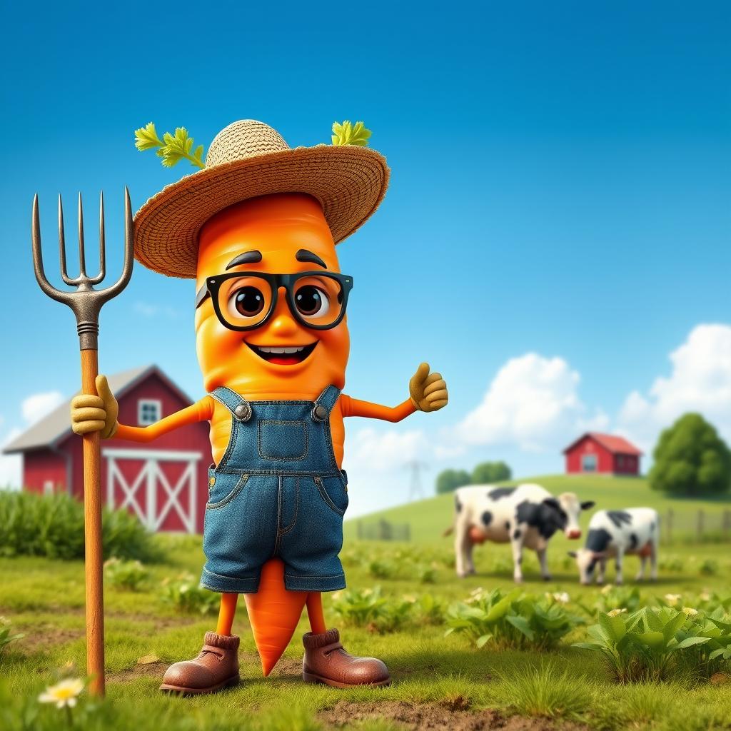 A very realistic carrot anthropomorphized with hands and legs, depicted as a farmer with a cool and confident face