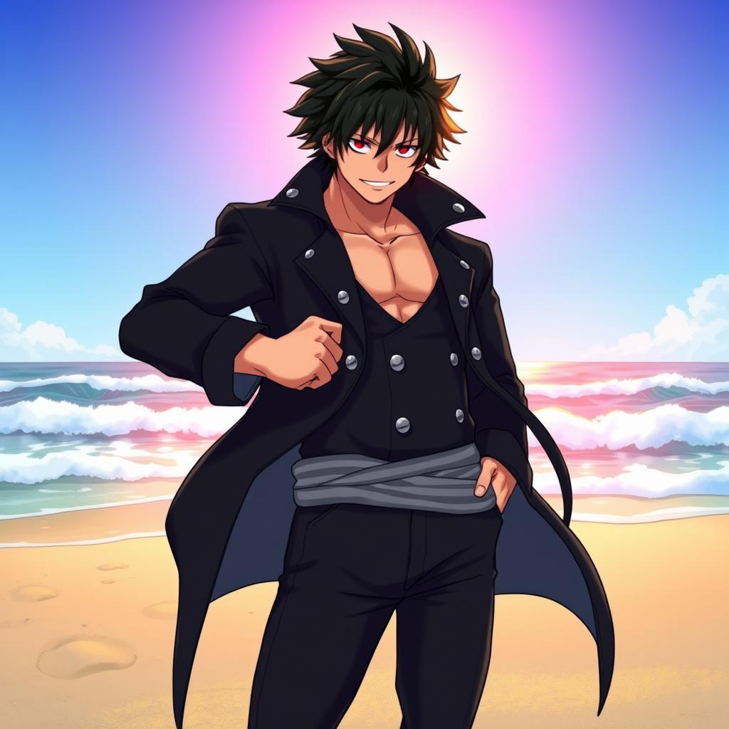 A tall adult male character in the One Piece anime art style, featuring shaggy black hair and captivating crimson eyes