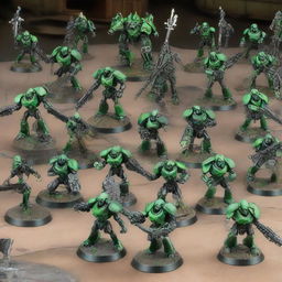 Create a vast scale of Warhammer 40k Necrons army composed of 10,000 warriors, showcasing their unique alien technologies, radiant green weaponry, and ominous glowing eyes against a stark, dystopian backdrop.