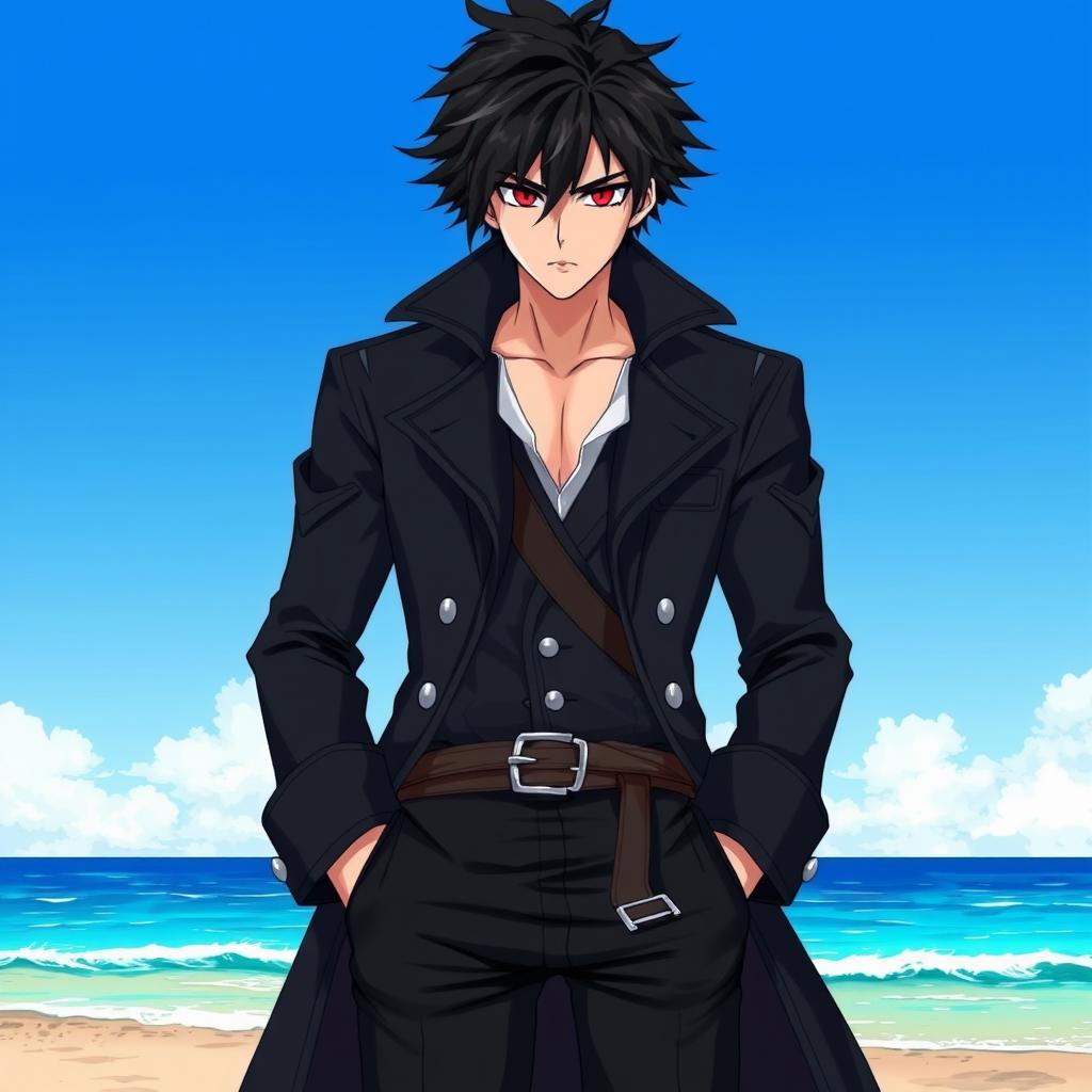 A tall adult male character in anime art style, showcasing shaggy black hair and intense crimson eyes