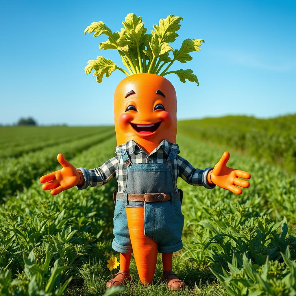 A realistic anthropomorphized carrot with hands and legs, designed to look like a farmer