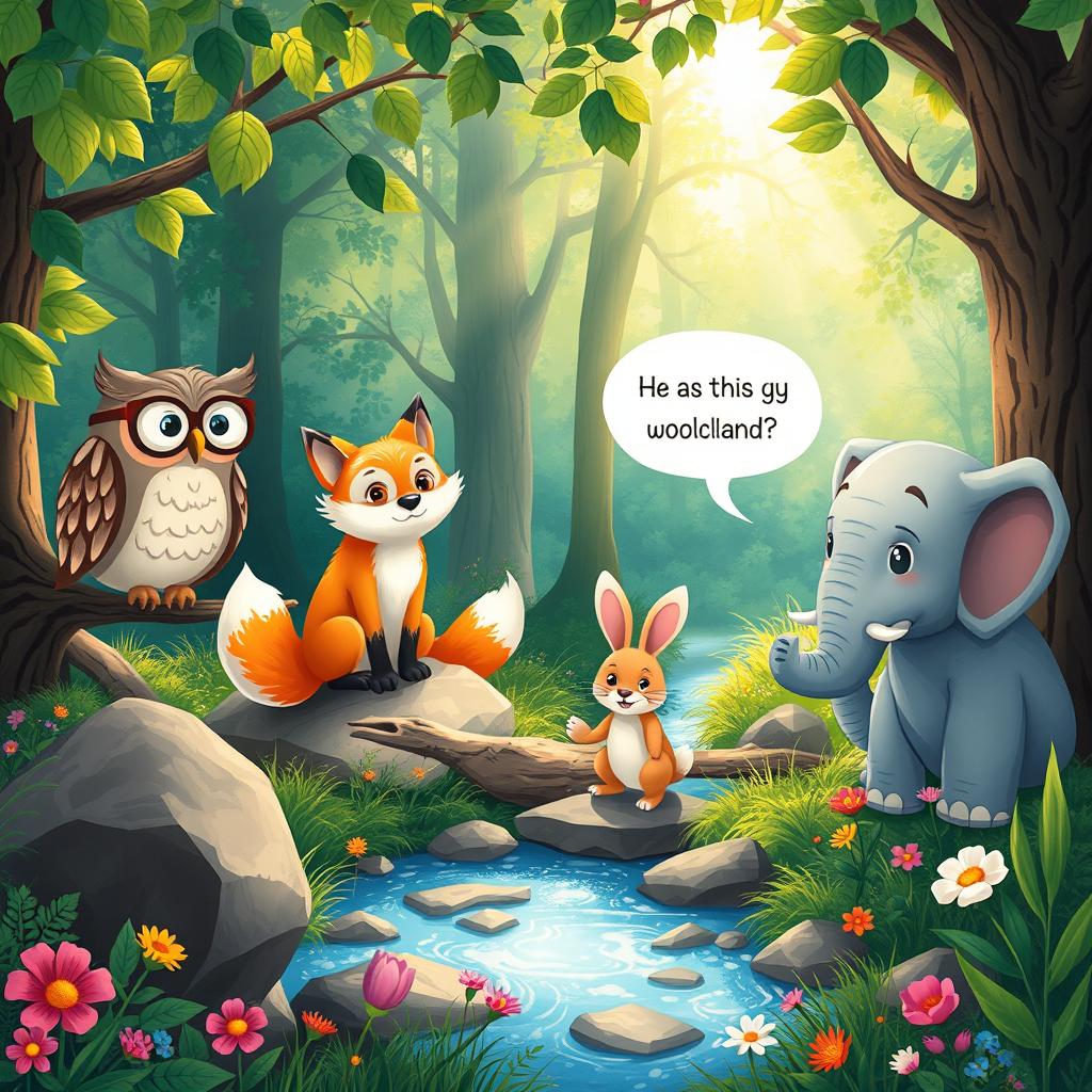 A whimsical illustration of a group of animals gathered in a serene forest setting, engaged in a lively conversation