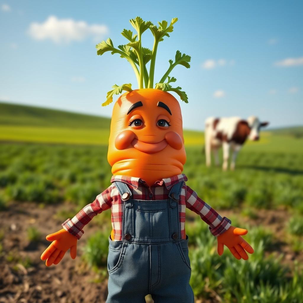 A realistic anthropomorphized carrot with hands and legs, styled as a farmer