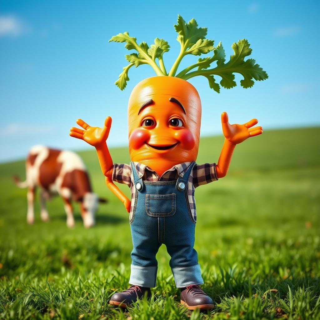 A realistic anthropomorphized carrot with hands and legs, styled as a farmer