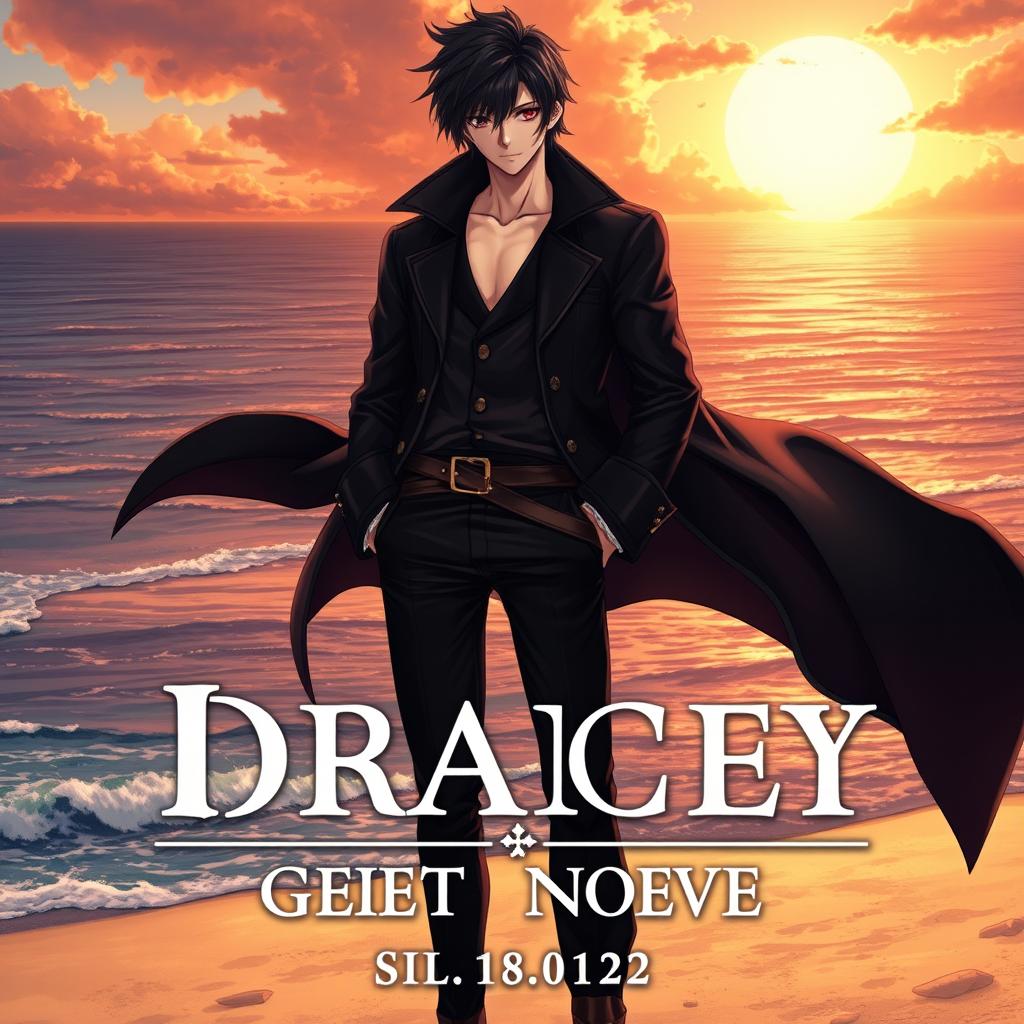 A detailed light novel cover in anime art style featuring a tall adult male character with shaggy black hair and piercing crimson eyes
