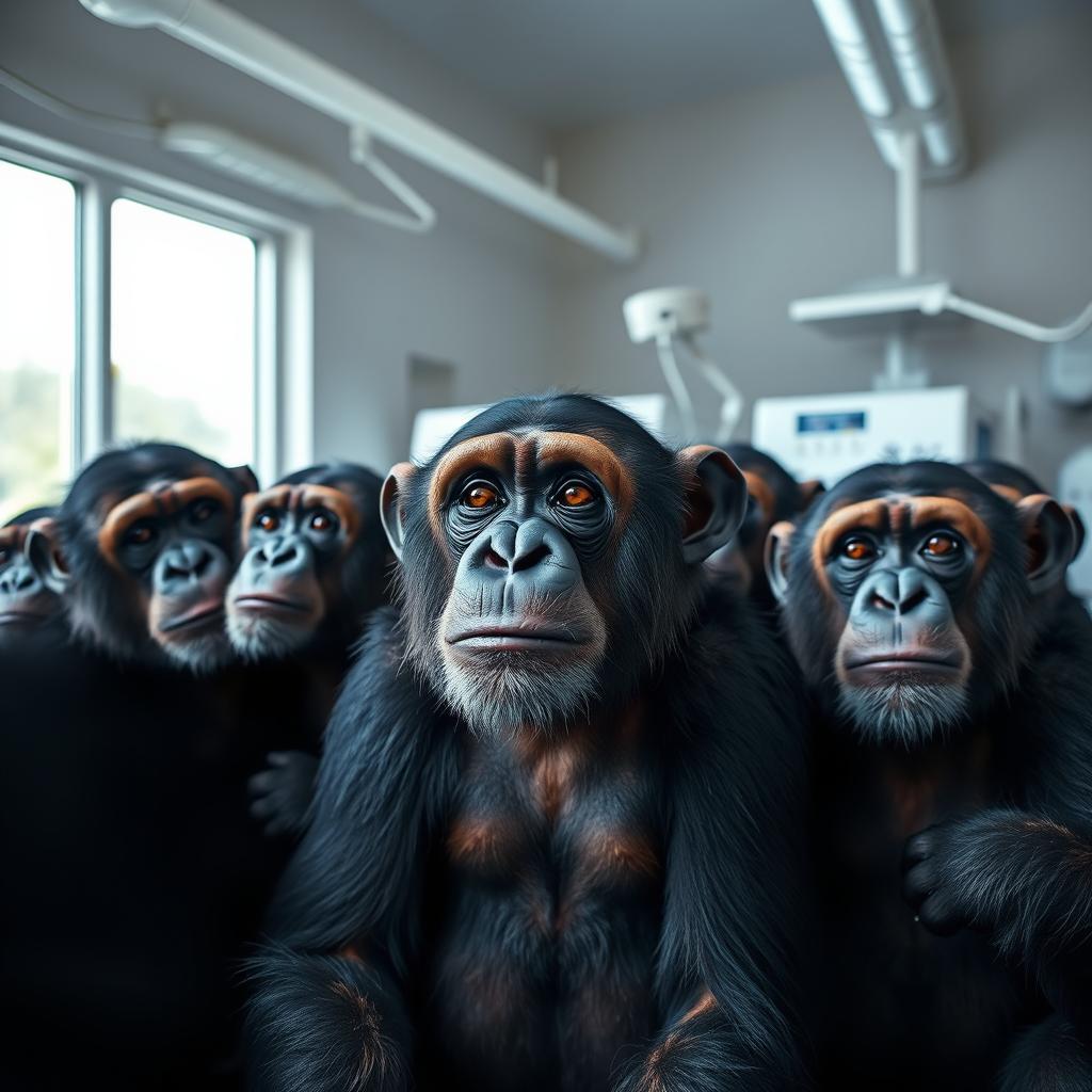 A group of chimpanzees in a medical research facility, looking pensively at their surrounding while wearing mild expressions of sorrow and hope