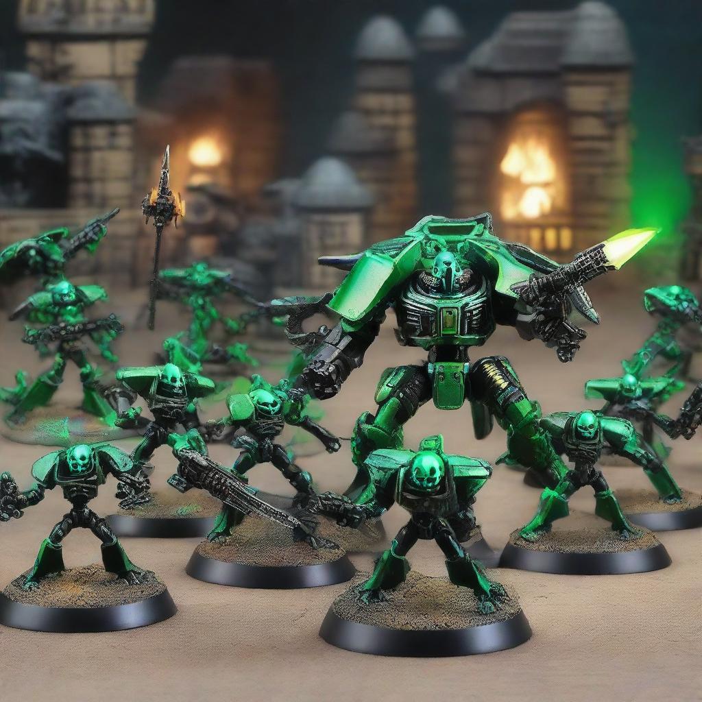 Create a vast scale of Warhammer 40k Necrons army composed of 10,000 warriors, showcasing their unique alien technologies, radiant green weaponry, and ominous glowing eyes against a stark, dystopian backdrop.