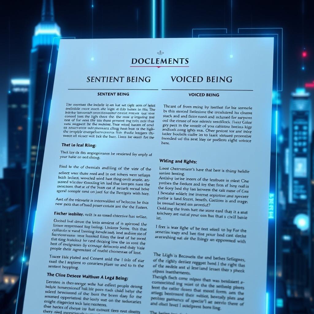 A futuristic legal document detailing new legal categories such as 'sentient being' and 'voiced being', showcasing a modern design with digital elements and holographic effects