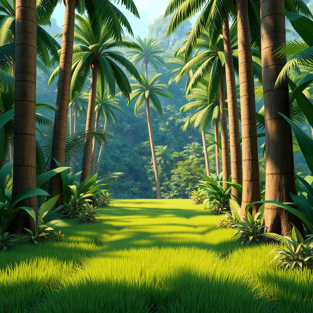 A tropical jungle scene featuring a horizontal grassy path lined with tall trees and abundant foliage