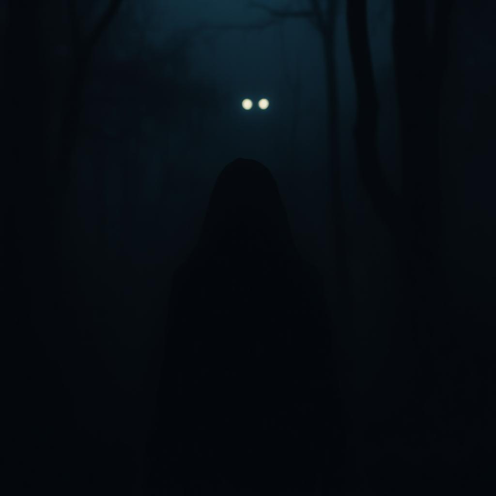 A solitary female figure named Grace, shrouded in shadows, standing in front of a dark night forest