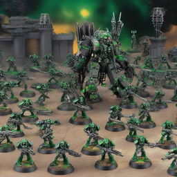 Create a vast scale of Warhammer 40k Necrons army composed of 10,000 warriors, showcasing their unique alien technologies, radiant green weaponry, and ominous glowing eyes against a stark, dystopian backdrop.