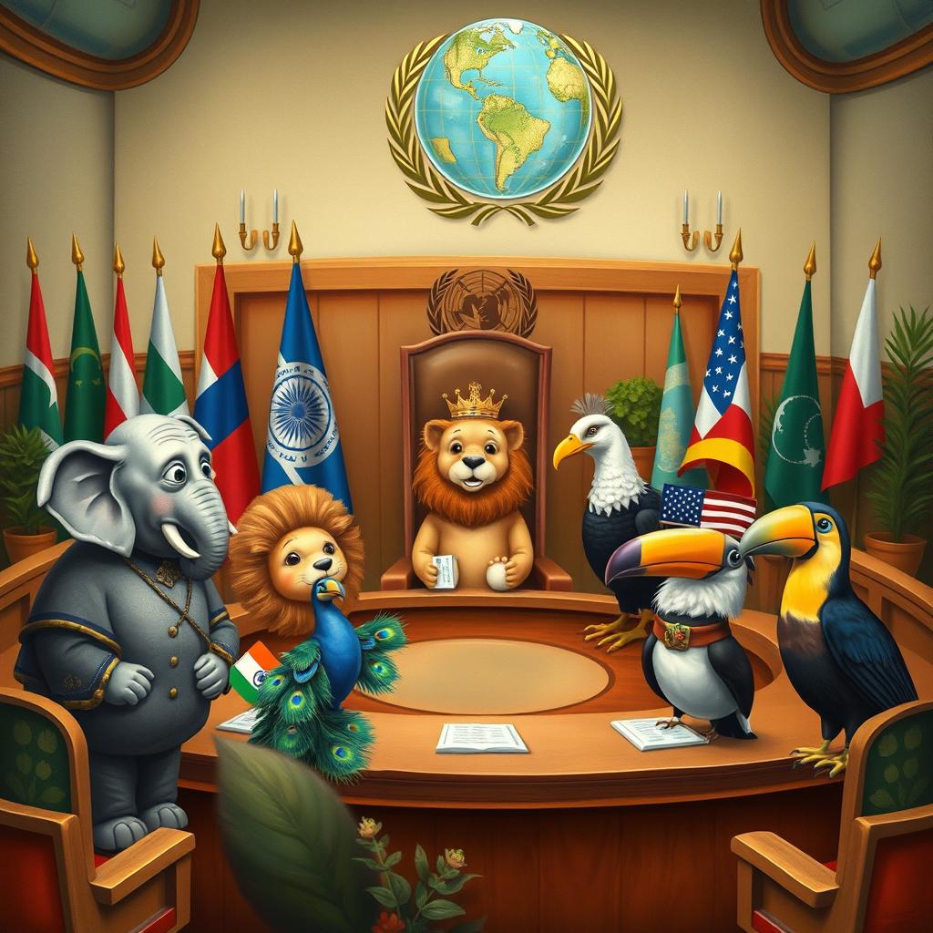 A whimsical and imaginative depiction of the 'United Nations of Fauna', where various animals from around the world assemble in a grand hall resembling a diplomatic assembly
