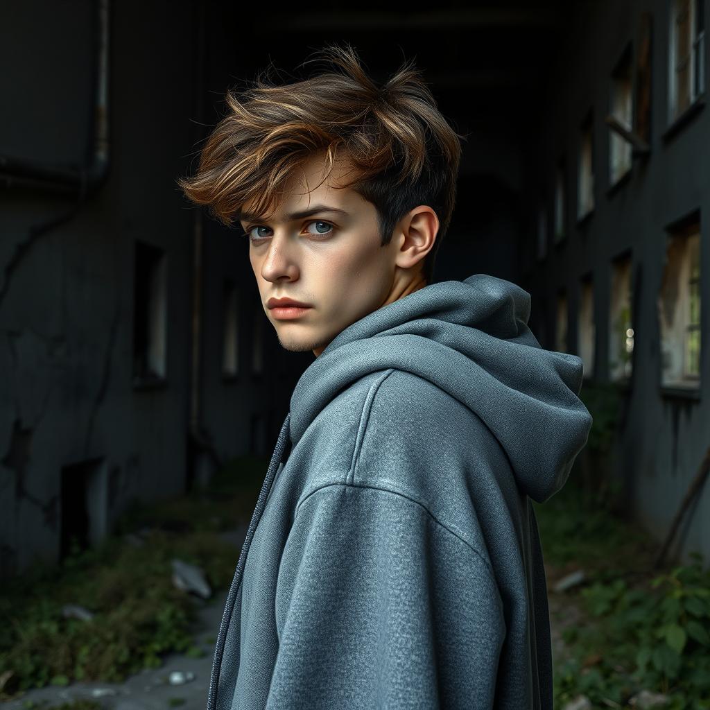 A hyper-realistic image of a white male teenager, around 17 years old, wearing a hooded sweatshirt