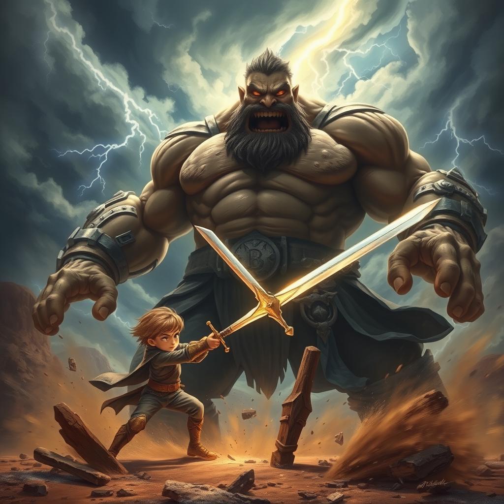 A dramatic scene of a young hero named Davi engaged in an epic battle against a towering giant
