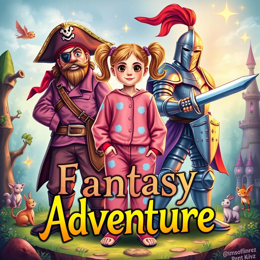 A vibrant fantasy adventure book cover that showcases a twelve-year-old girl with playful pigtails, dressed in colorful pink and orange pajamas