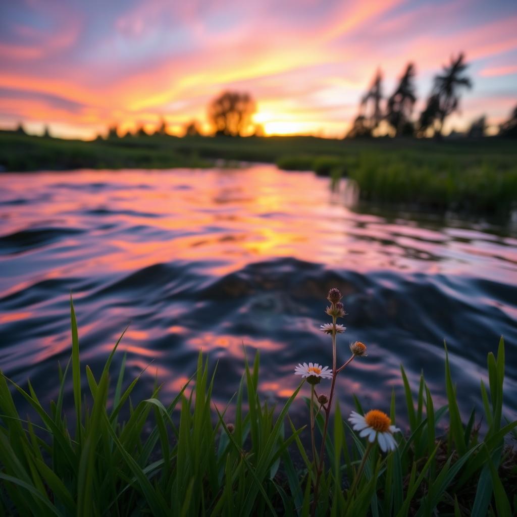 An abstract representation of a calm and serene nature scene with gentle flowing water, soft green grass underfoot, and a brightly colored sunset sky