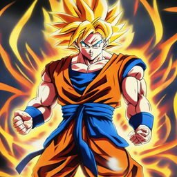 Generate an image of Goku from Dragon Ball Z transformed into his Super Saiyan 6 form, with swirling, fiery hair, intense glowing eyes, and a vivid aura of energy surging around him.