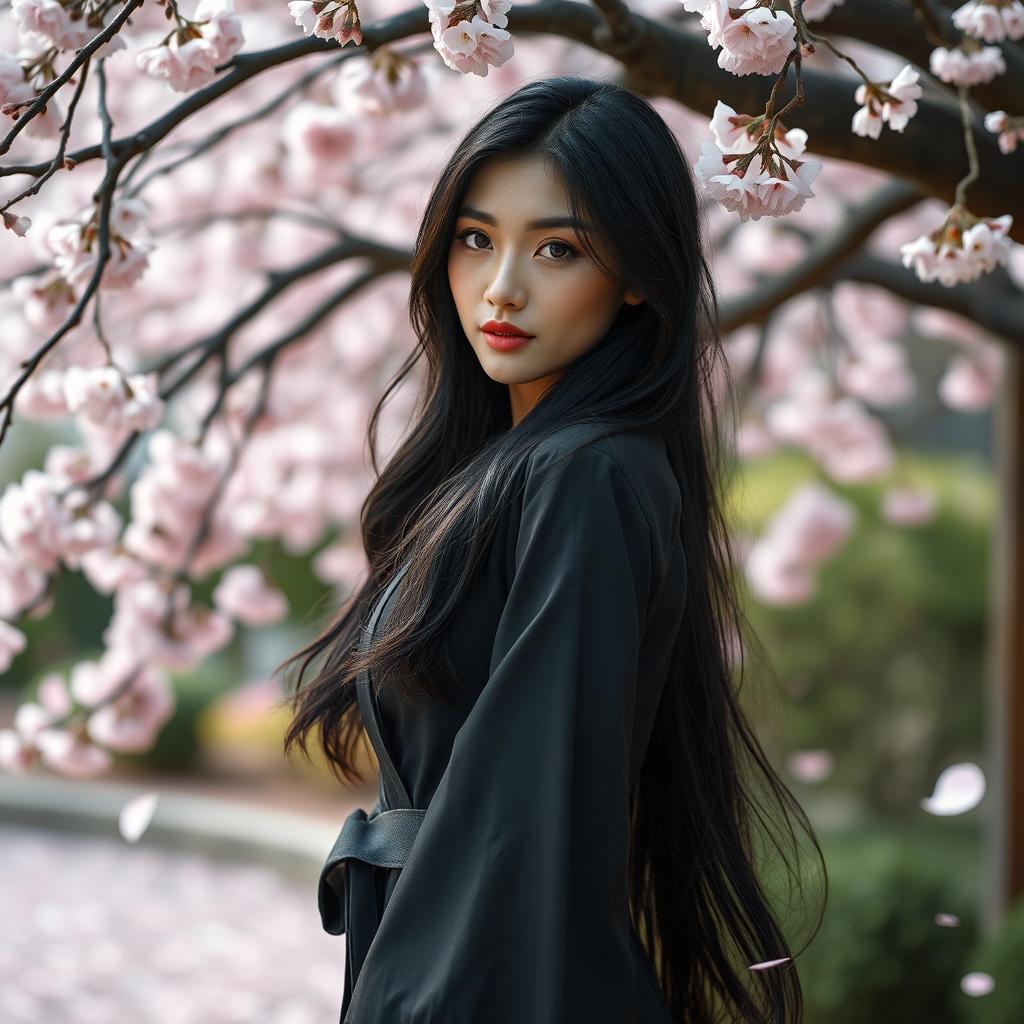 A beautiful Japanese woman with an alluring and confident presence, dressed in fashionable attire that elegantly highlights her curves
