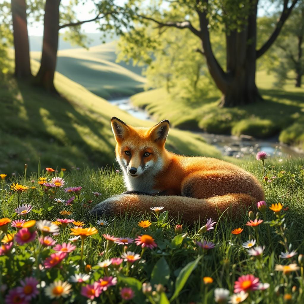 A serene and tranquil scene featuring a fox living peacefully in its natural habitat