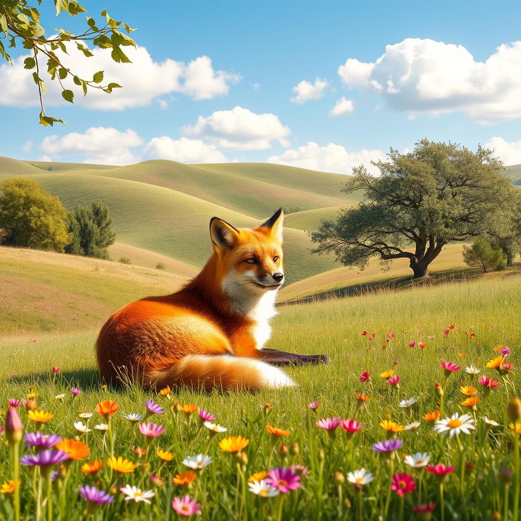 A serene and tranquil scene featuring a fox living peacefully in its natural habitat
