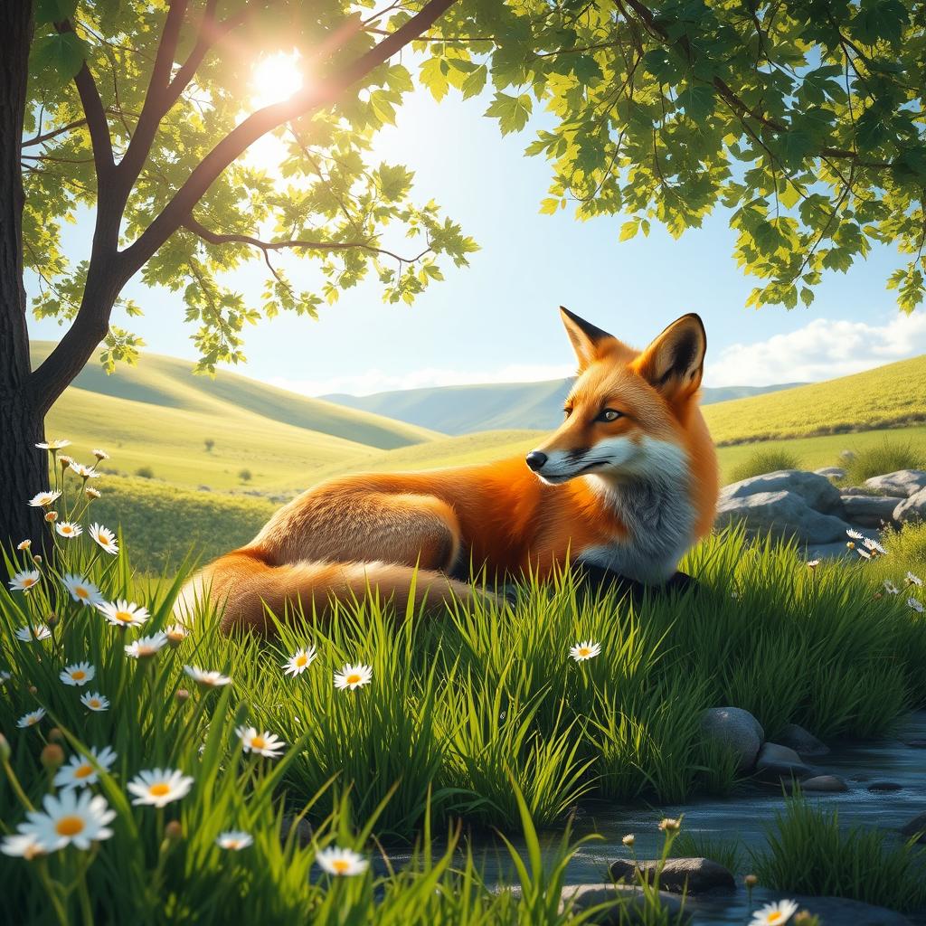 A peaceful scene of a fox in its natural environment, showcasing its tranquil life