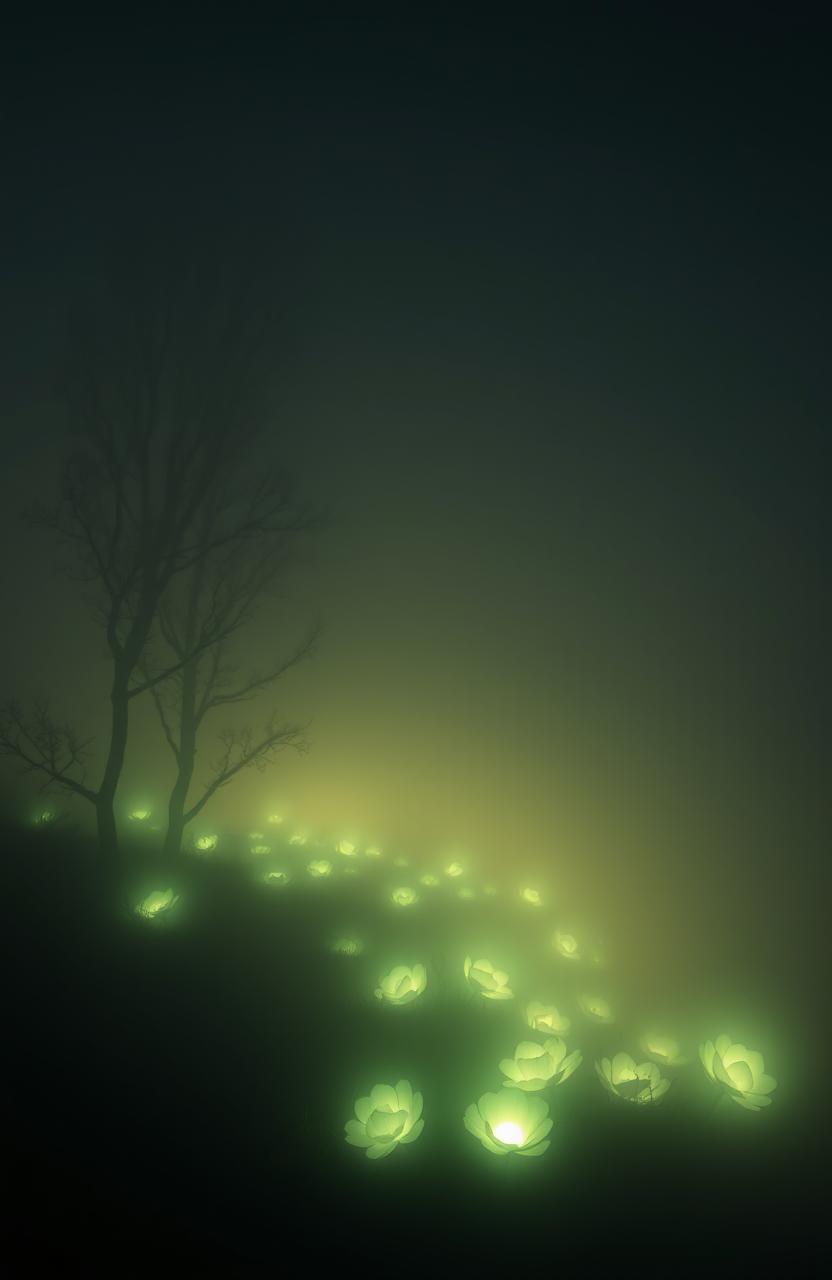 A mystical foggy illusion landscape featuring glowing flowers in a brightly dark atmosphere