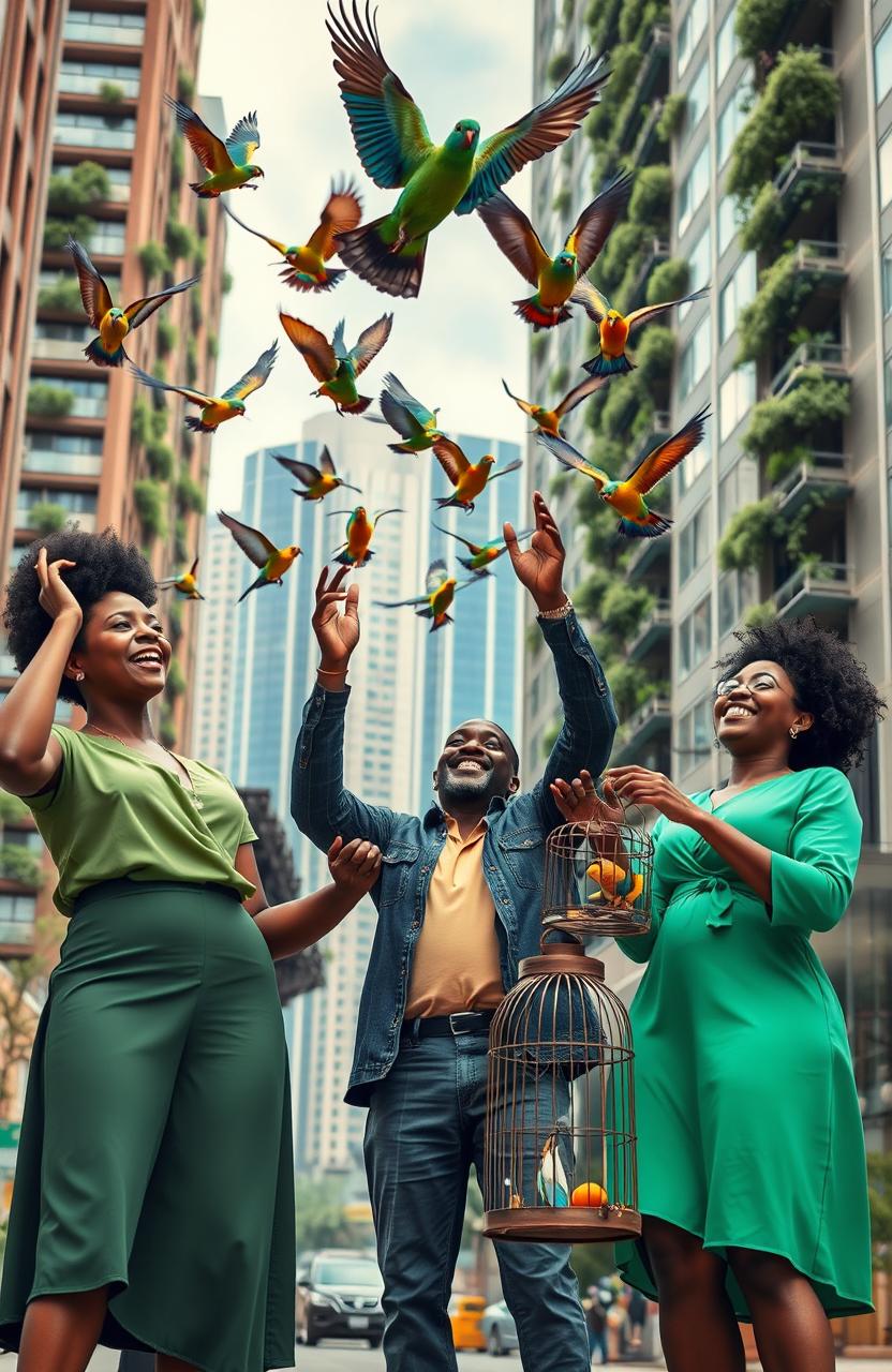 In a vibrant urban city setting, two strong and confident Black women and one Black man are joyfully setting free a group of colorful birds from their cages