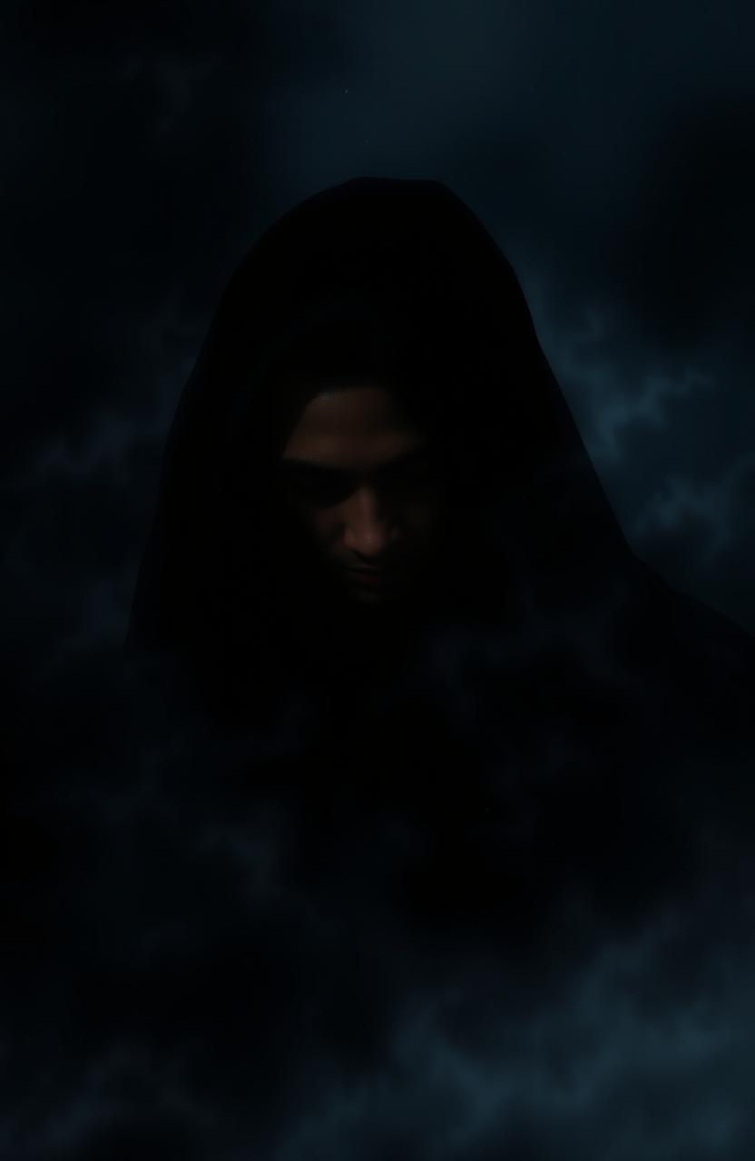 A young man shrouded in darkness, with an aura of mystery surrounding him