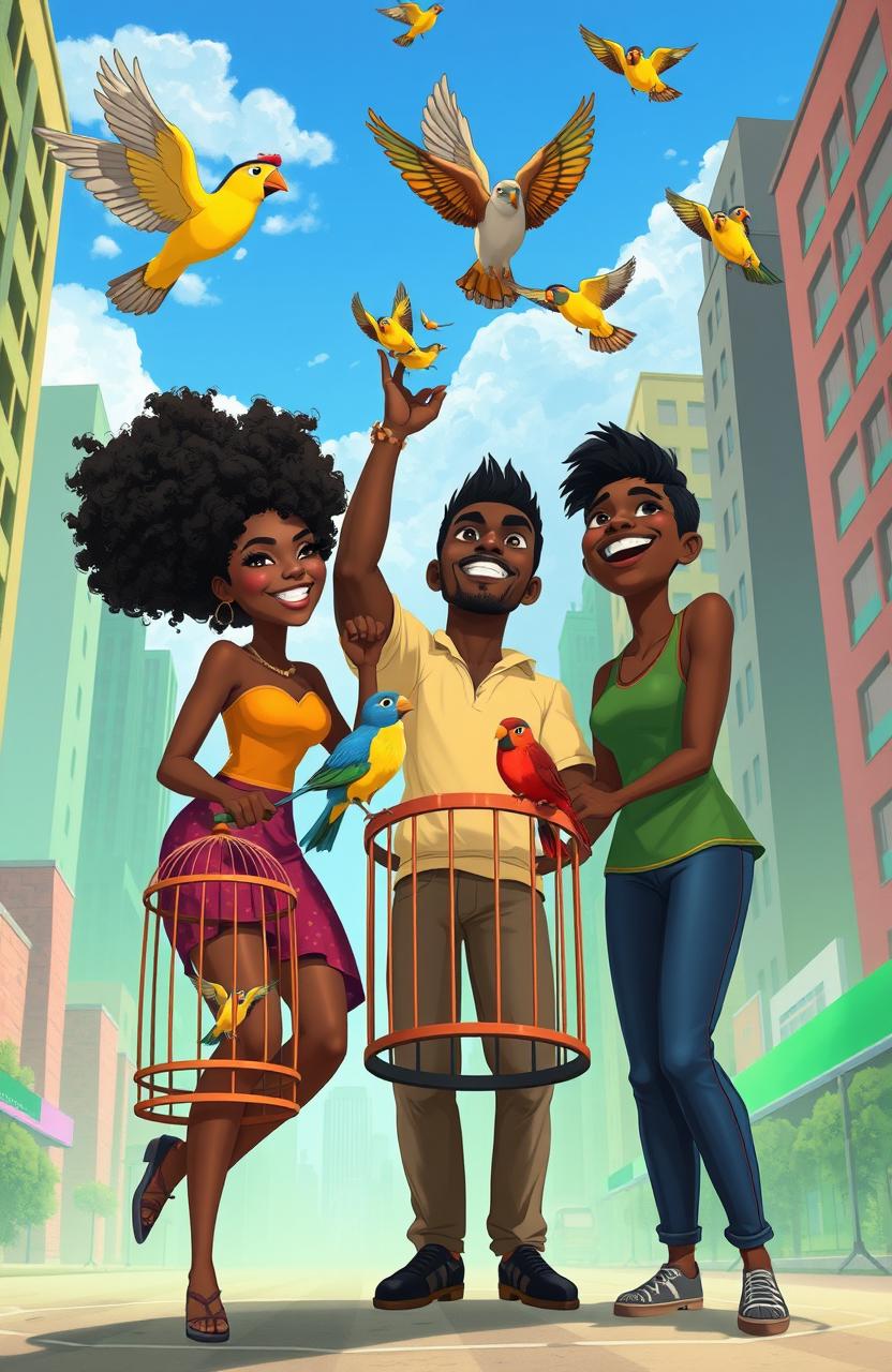 An animated scene featuring two beautiful black women and one handsome black man in an urban city setting