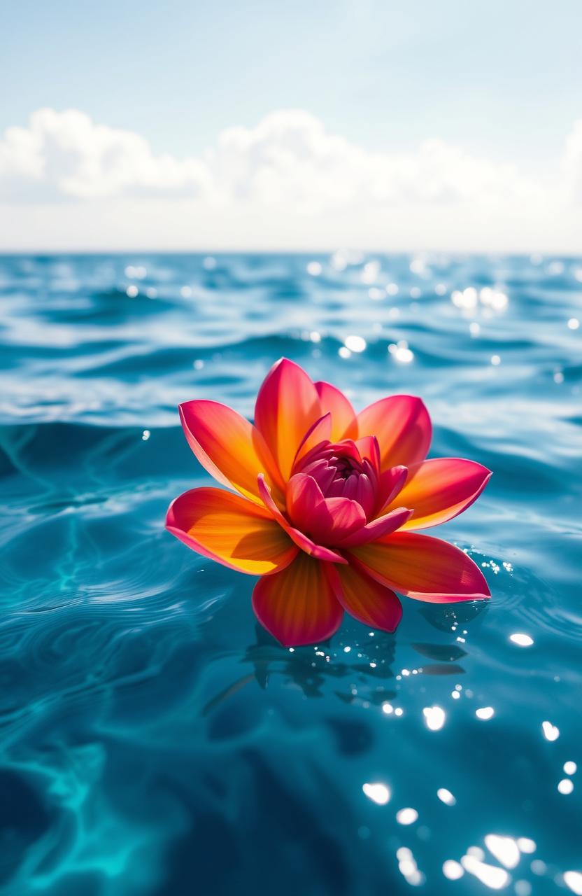 A beautiful blooming flower on the surface of a sky blue ocean, showcasing vibrant petals in various colors