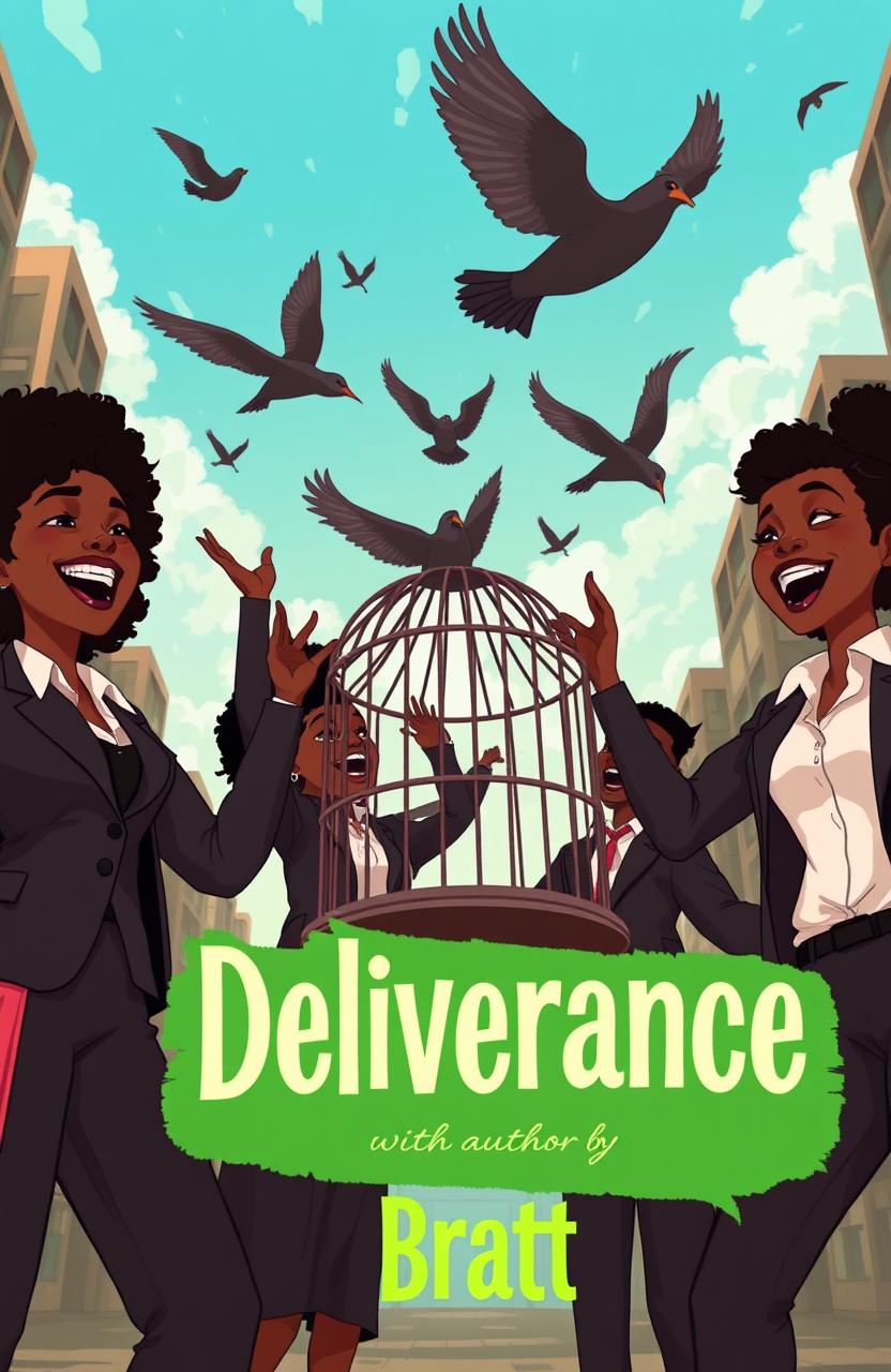 In an animated urban city setting, depict two black women and one black man, all dressed in professional attire, celebrating as they open a large birdcage
