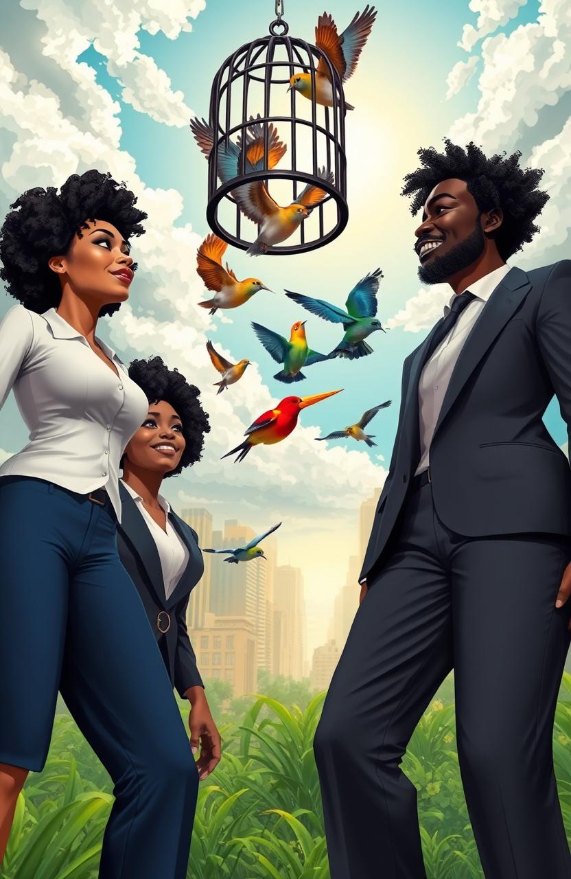 A vibrant urban scene featuring two black women and one black man, all dressed in professional attire