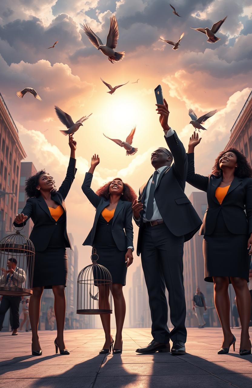 Two black women and one black man, all dressed in professional attire, standing in an urban city setting