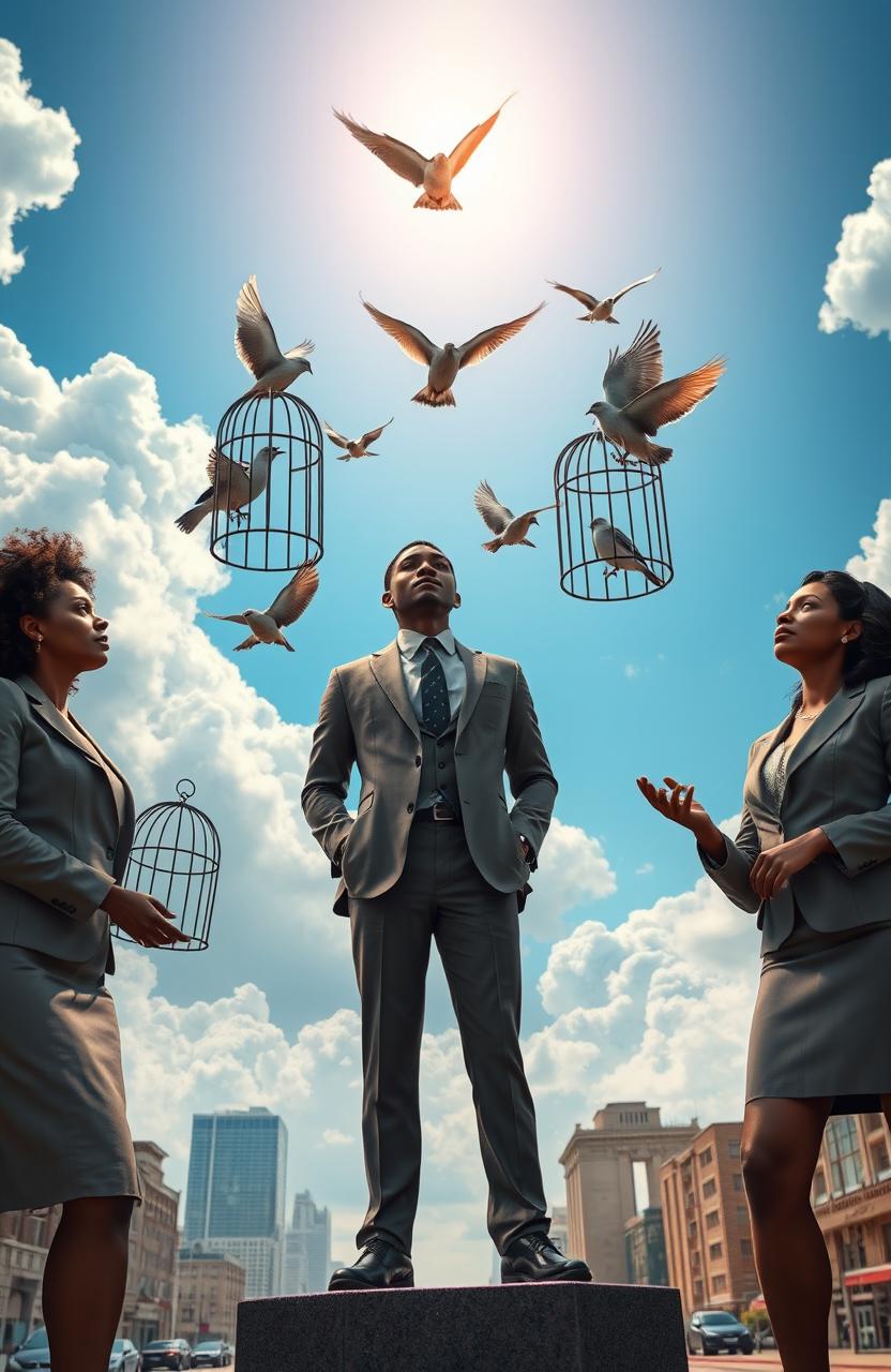 An inspiring scene depicting two black women and one black man dressed in professional attire, symbolizing hope and liberation