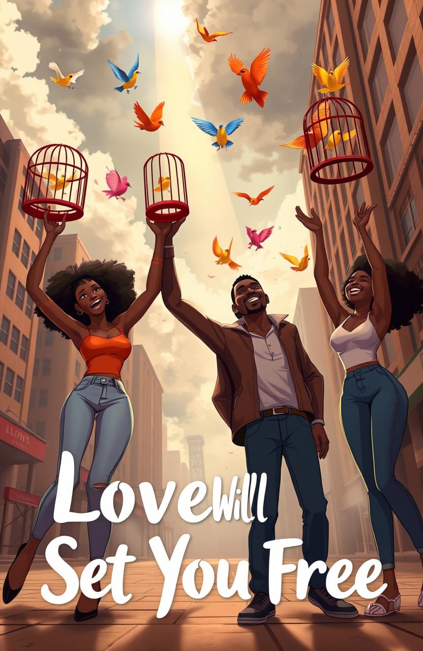 An animated scene depicting two black women and one black man in an urban city setting