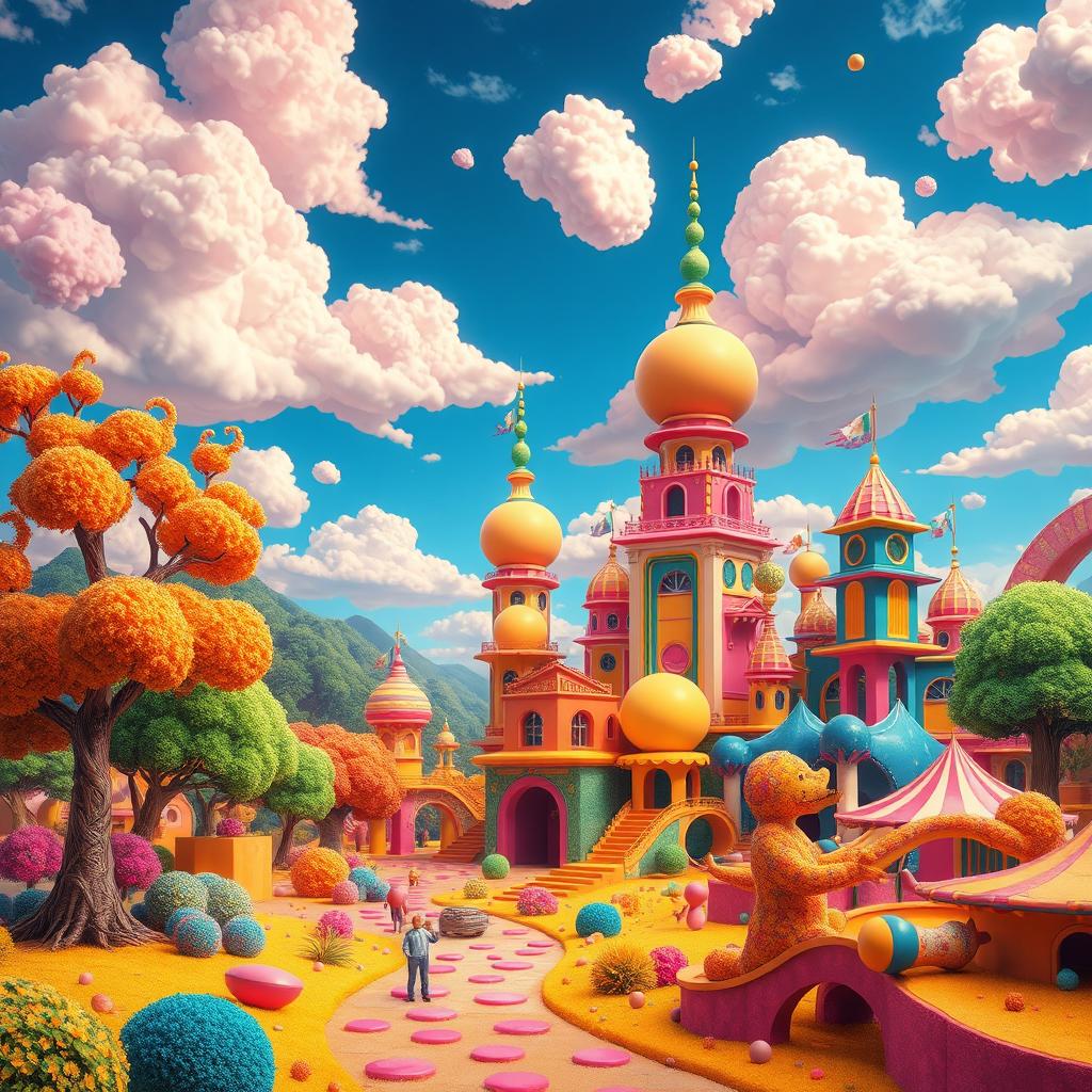 Una escena vibrante y surrealista, representando un mundo de falopa donde la creatividad y la imaginación se desbordan