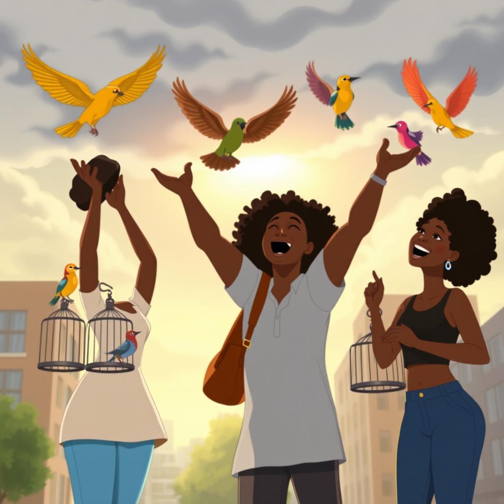 An animated scene featuring two black women and one black man in an urban city environment, joyfully setting colorful birds free from their cages