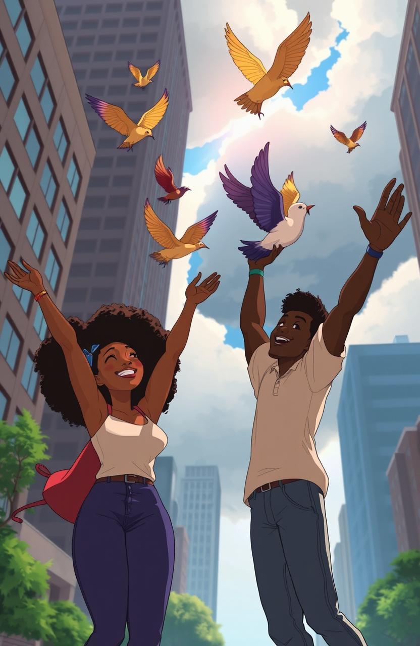 Two black women and one black man joyfully releasing colorful birds into the sky in an urban city setting, with tall buildings around them and a hint of lush greenery